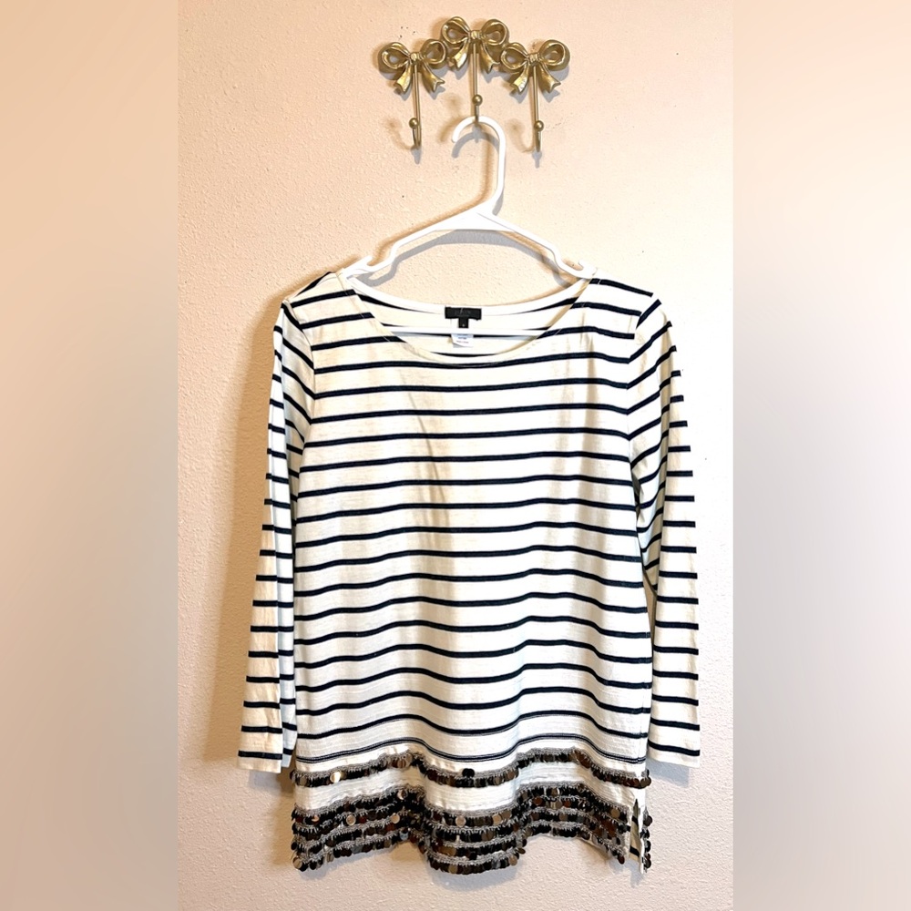 J. Crew Ivory & Navy Blue Striped Tunic with Silver Sequins Stripes.  Size S
